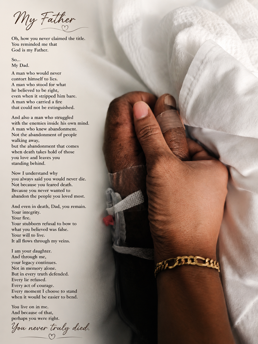 A poem titled My Father, written beside a photograph of a daughter holding her father's hand in a hospital bed