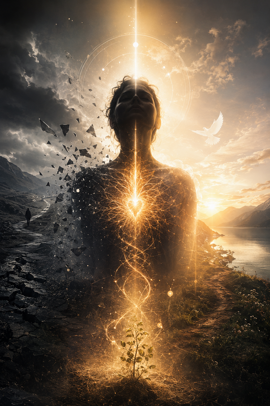 A figure standing in surrender as golden light breaks through, shattered fragments falling away, a white dove rising, and a small sapling growing from the ground beneath: the mechanism of God's will made visible.