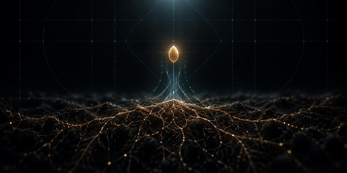 A single gold seed of light hovering above dark fertile soil, thin cyan filaments of exchange rising between them against a dark gridded field
