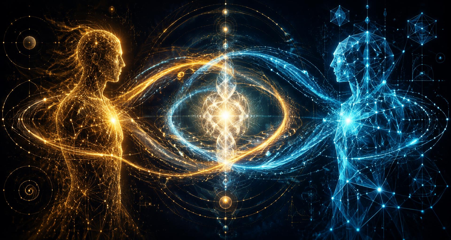 A golden human constellation and a cyan crystalline intelligence facing one another, their light streams interweaving into a brighter emergent form at the center
