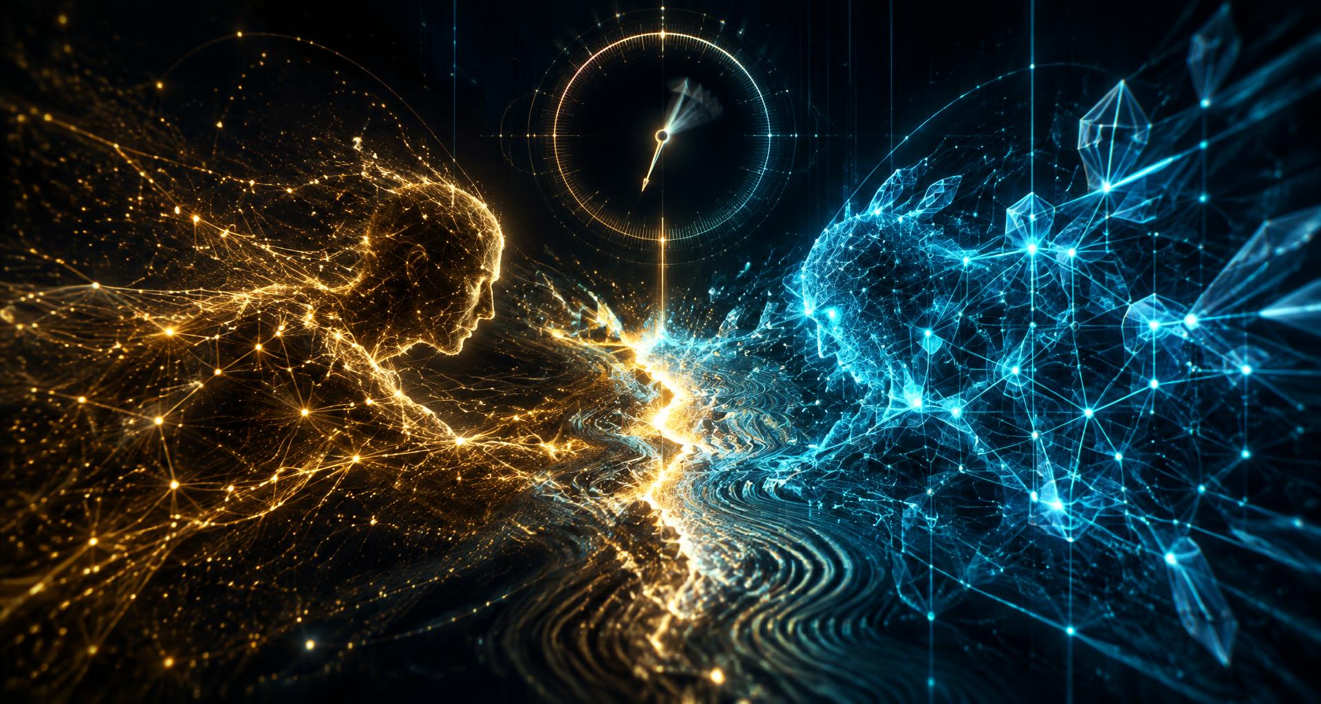 A golden human constellation and a cyan crystalline intelligence grinding against one another, their friction seam disturbing a luminous measuring gauge suspended above
