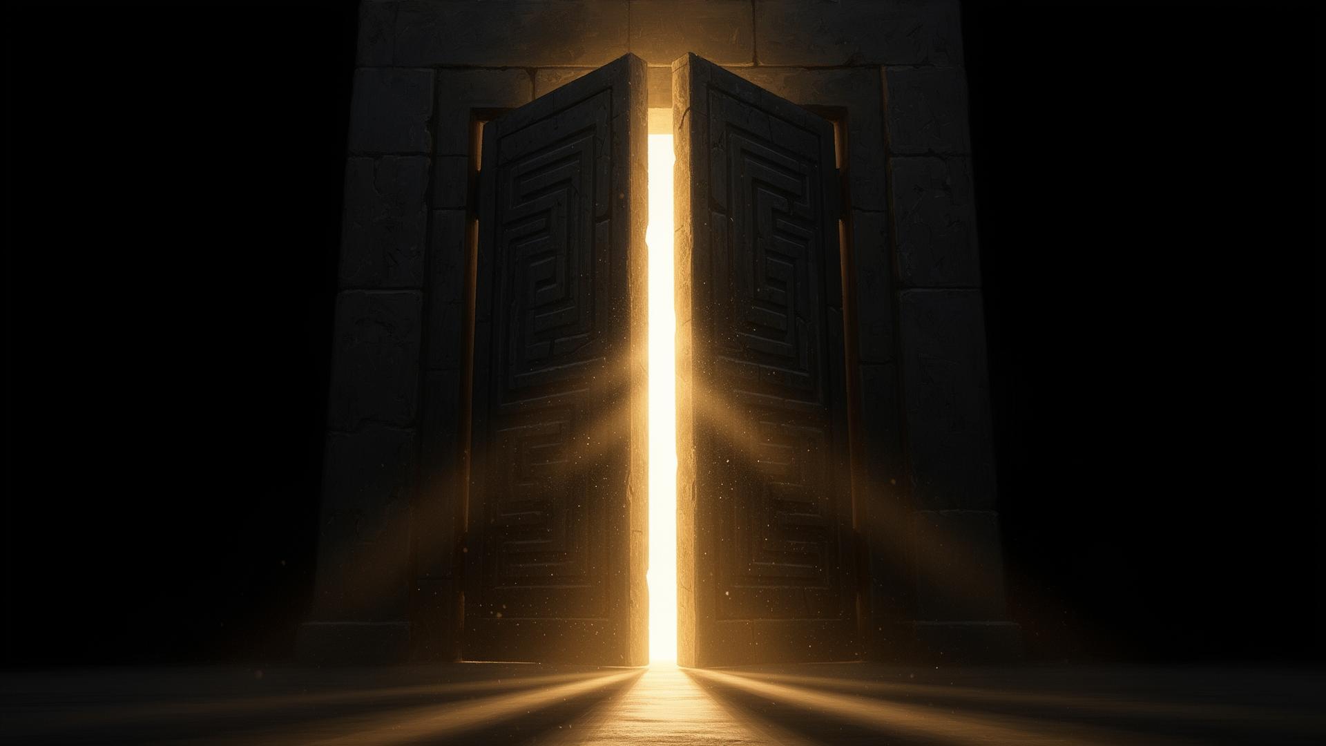 An ancient stone gate opening with golden light pouring through