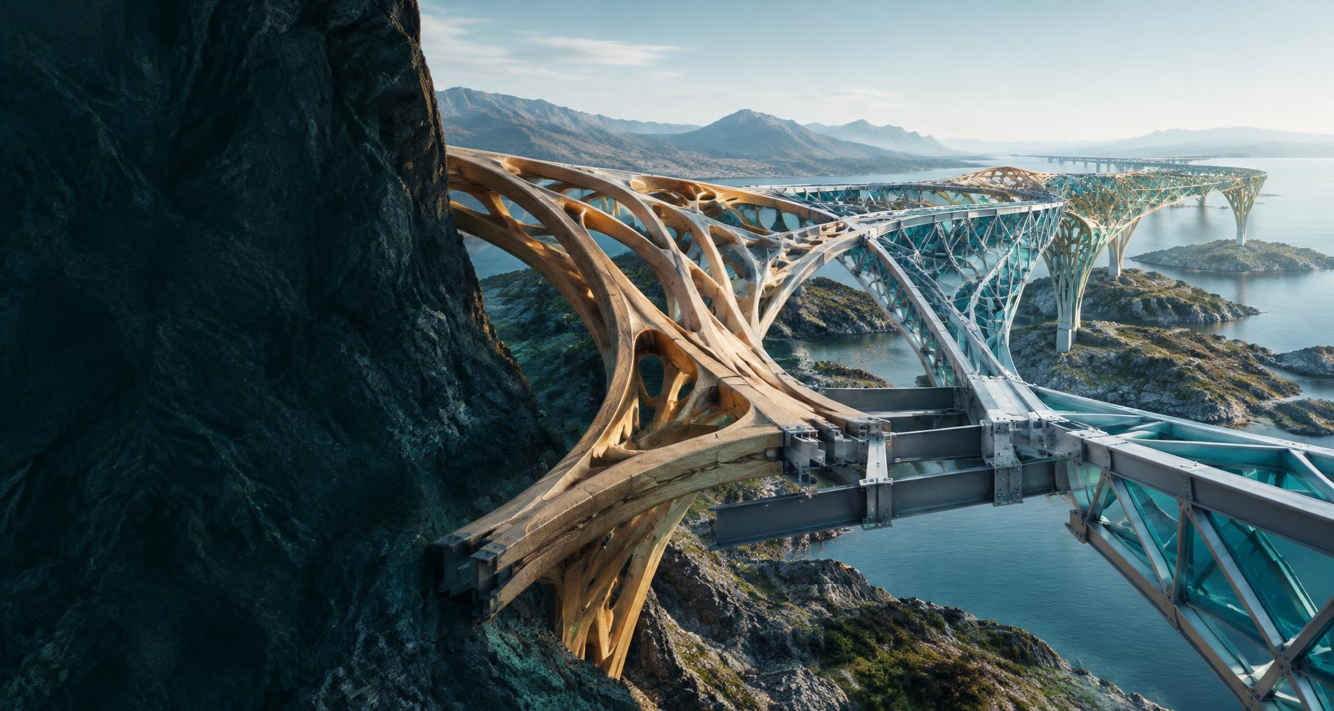 Distinct gold branching structures and silver geometric frameworks joining into an unfinished bridge toward the horizon