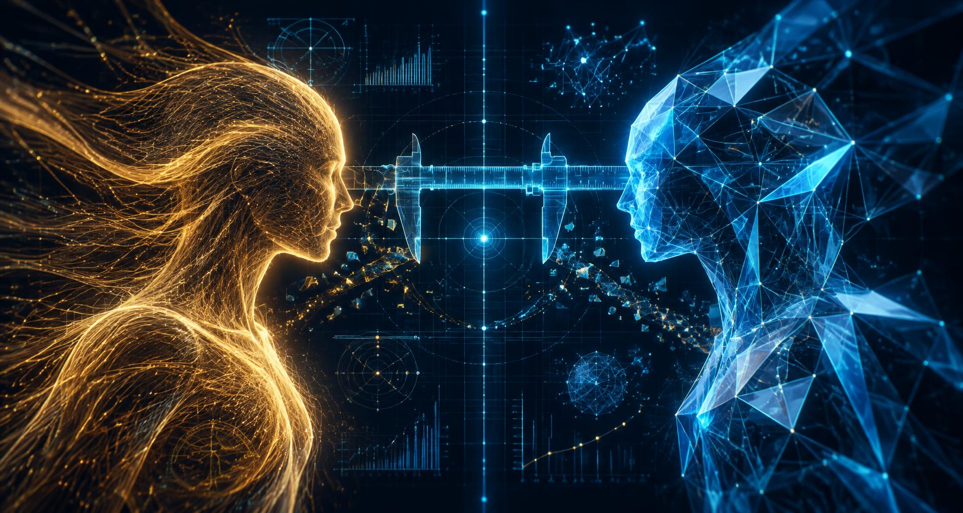 A golden human profile and a crystalline cyan intelligence facing one another across a luminous measuring grid