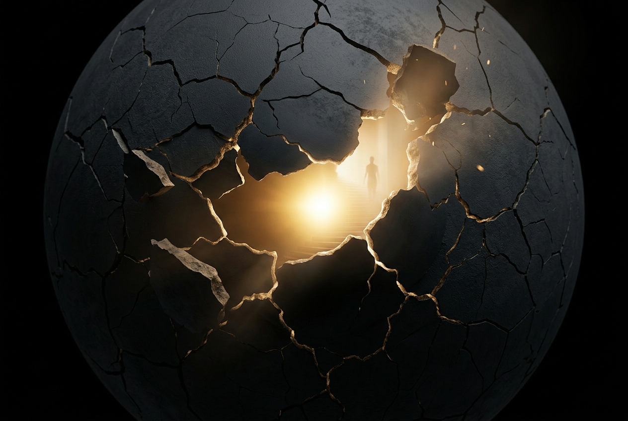 Shattered sphere with light breaking through